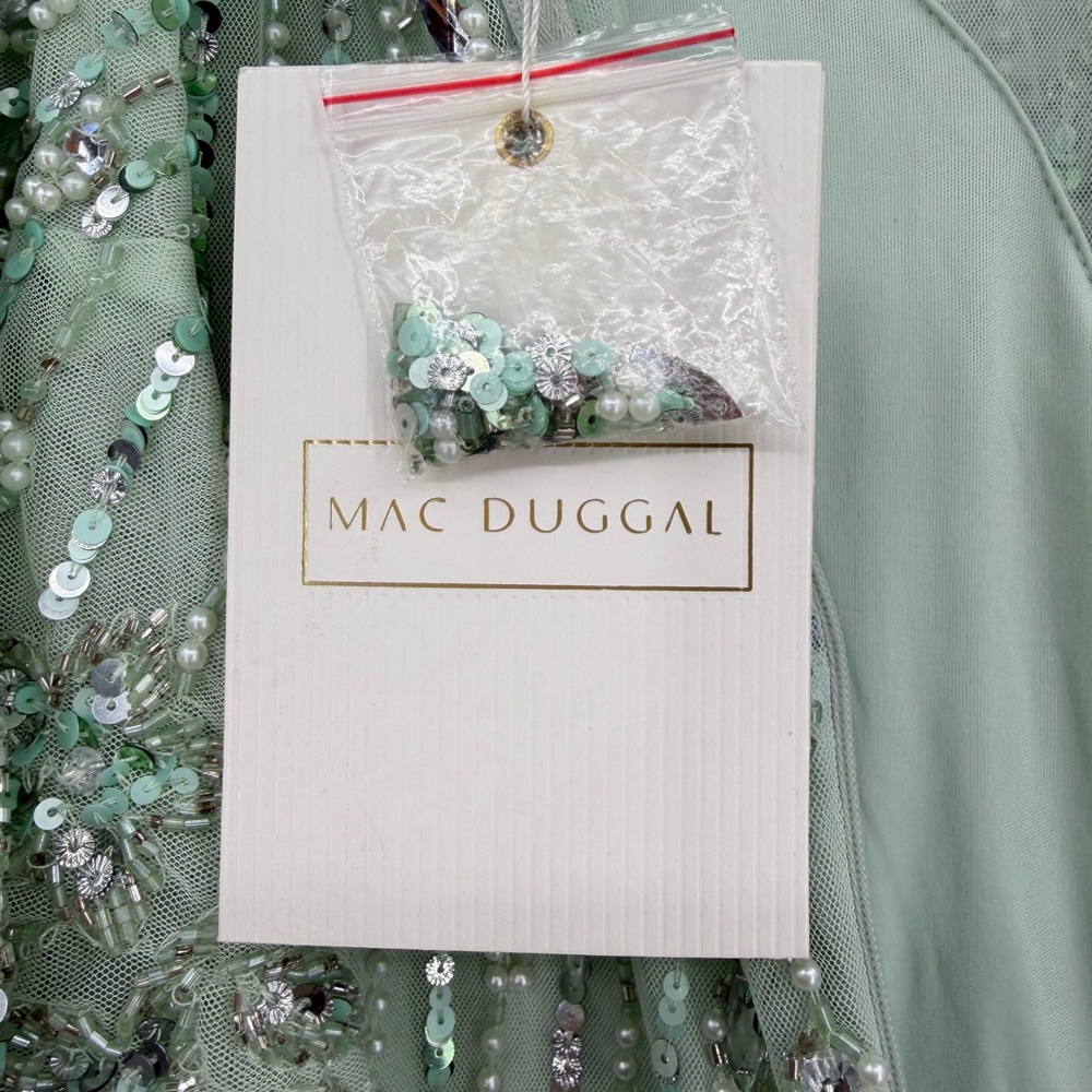 Mac Duggal NWT Sequined Flounce Sleeve Midi Dress Sage Green Size 4 - Picture 11 of 16